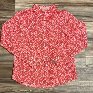 LL Bean Top Medium Pink White Anchors Nautical Button-Front Stretch Shirt Womens